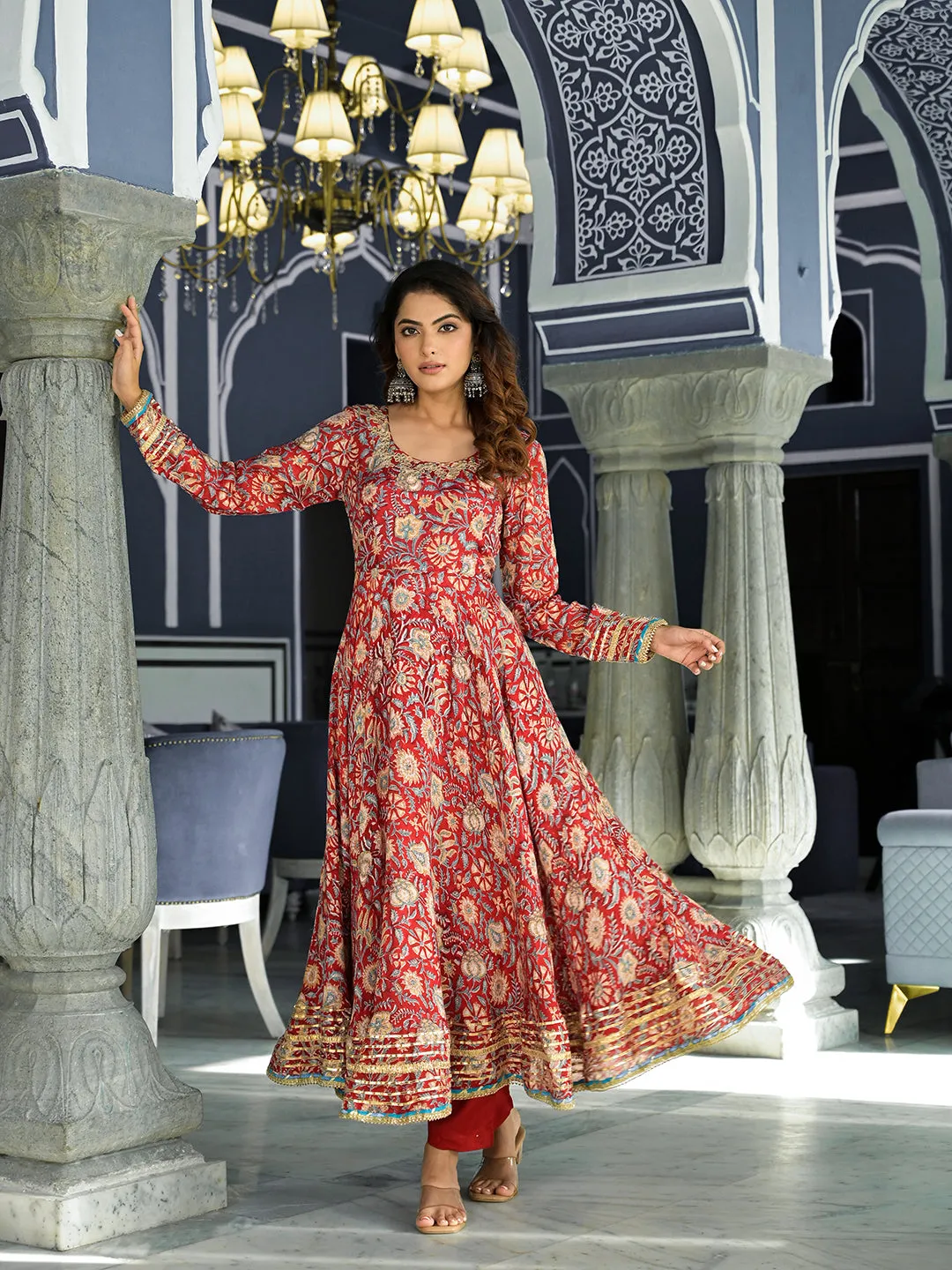 Jashvi Red Floral Printed Anarkali Muslin Kurta Trouser with Dupatta Set