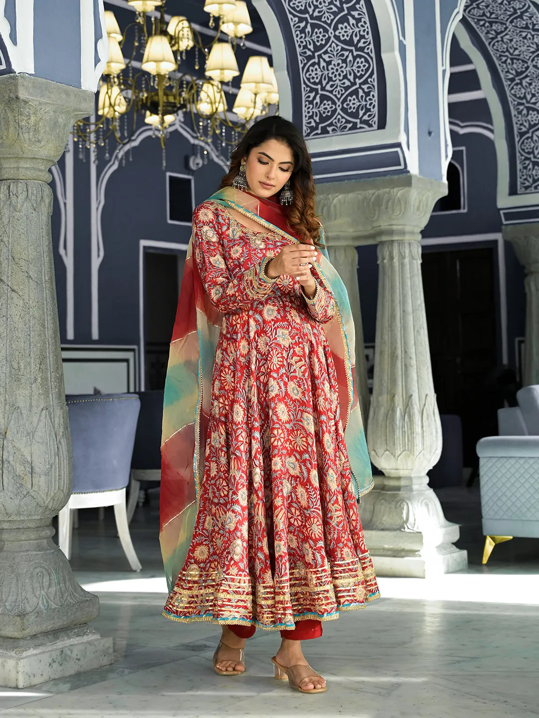 Jashvi Red Floral Printed Anarkali Muslin Kurta Trouser with Dupatta Set