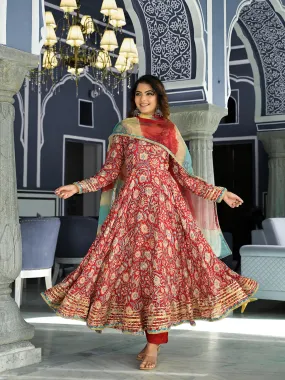 Jashvi Red Floral Printed Anarkali Muslin Kurta Trouser with Dupatta Set