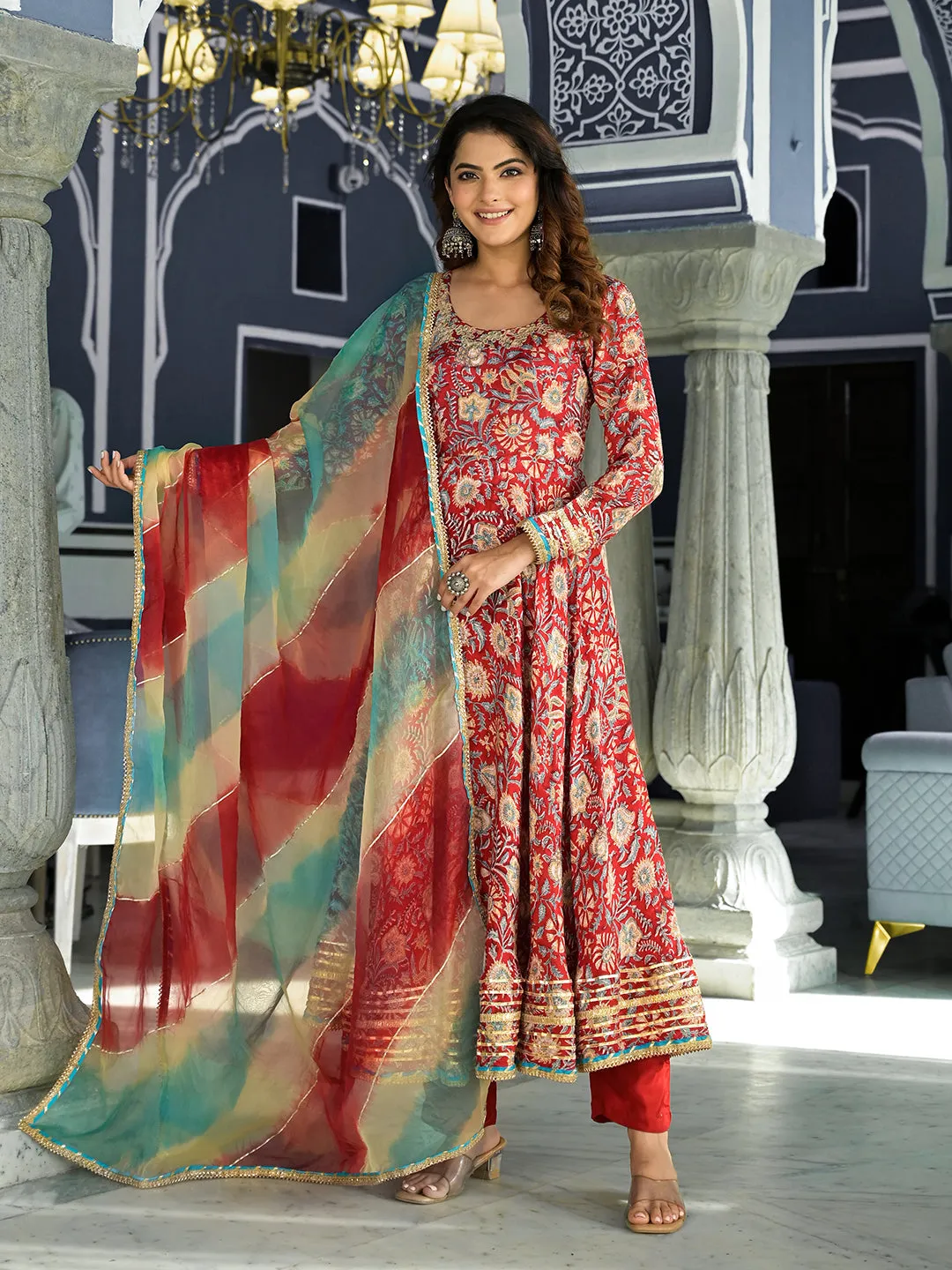 Jashvi Red Floral Printed Anarkali Muslin Kurta Trouser with Dupatta Set