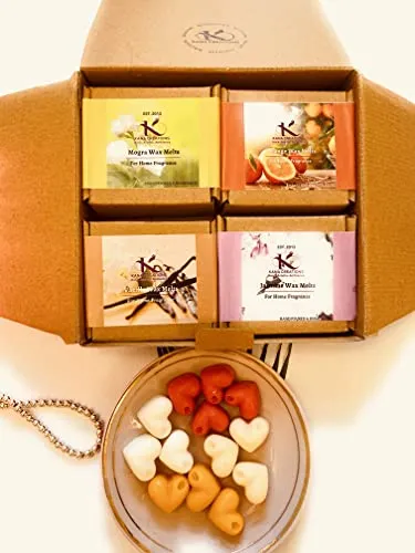 Kana Creations-Orange, Mogra, Jasmine, Vanilla - Eco-Friendly, Highly Scented Hand Poured Wax Melts in Sustainable Gift Packaging of 4 sets of Wax Melts and 8 T-Lights. Made in India