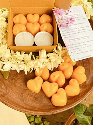 Kana Creations-Orange, Mogra, Jasmine, Vanilla - Eco-Friendly, Highly Scented Hand Poured Wax Melts in Sustainable Gift Packaging of 4 sets of Wax Melts and 8 T-Lights. Made in India