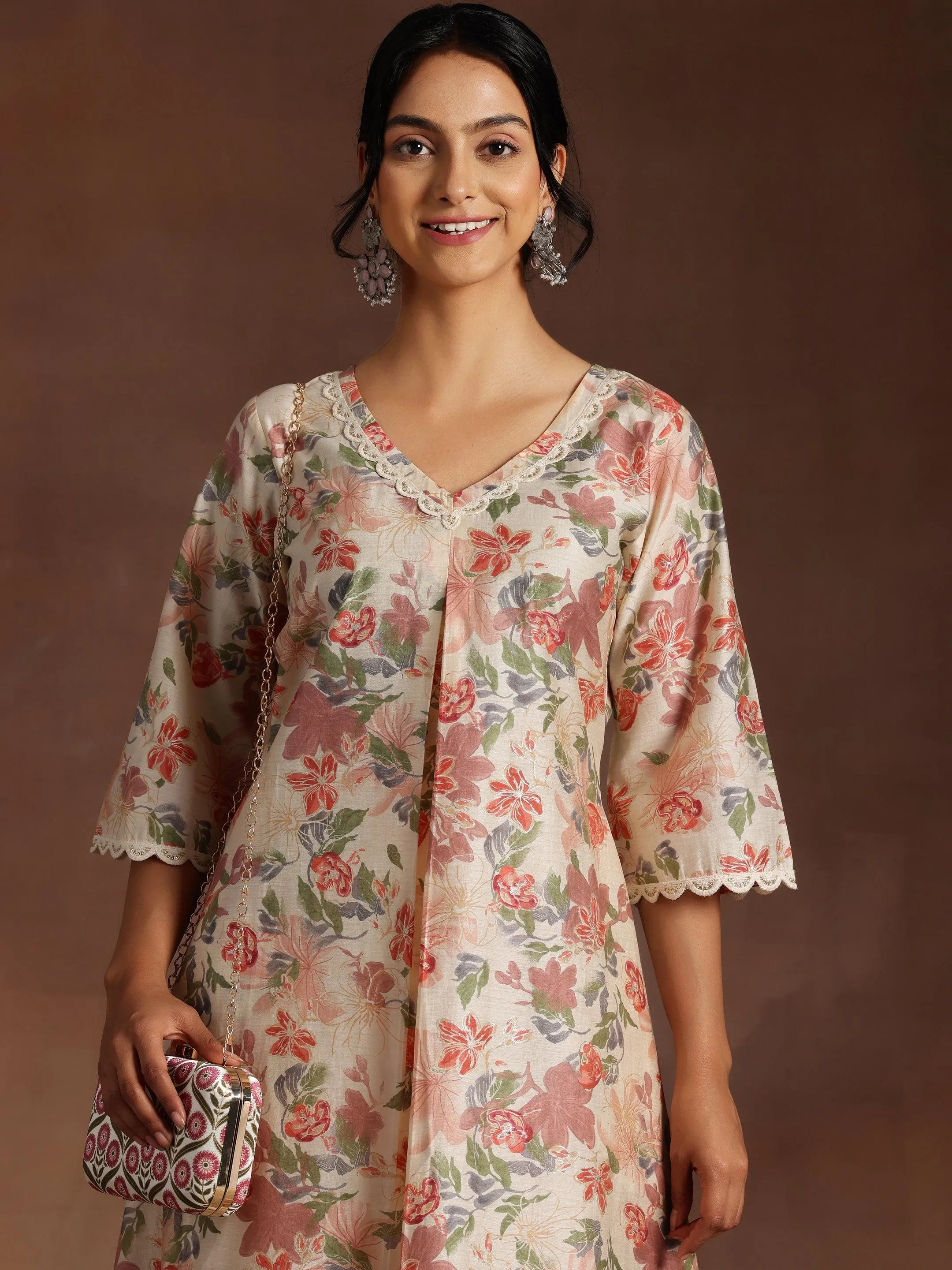 Khwaab Beige Printed Chanderi Silk A-Line Kurta With Trousers