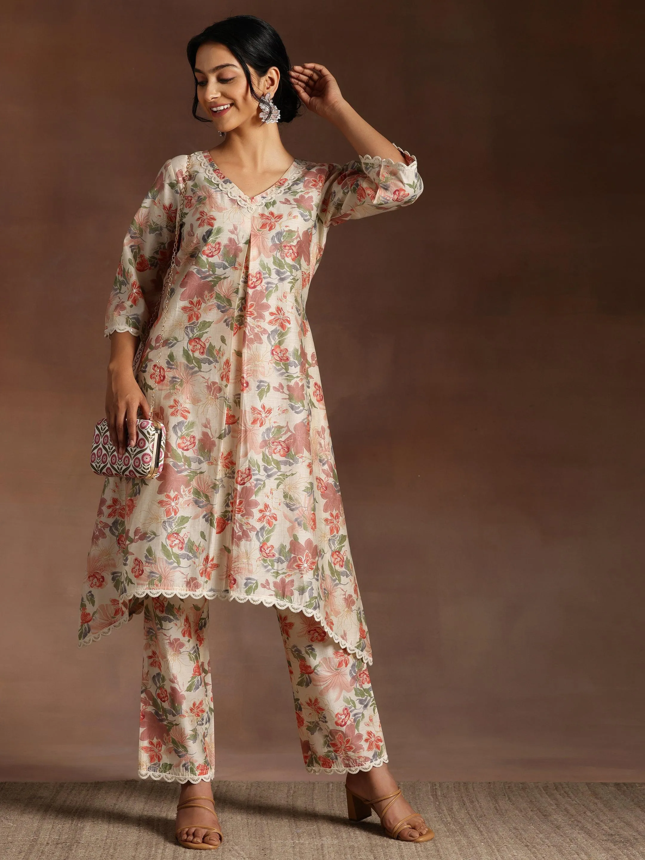 Khwaab Beige Printed Chanderi Silk A-Line Kurta With Trousers