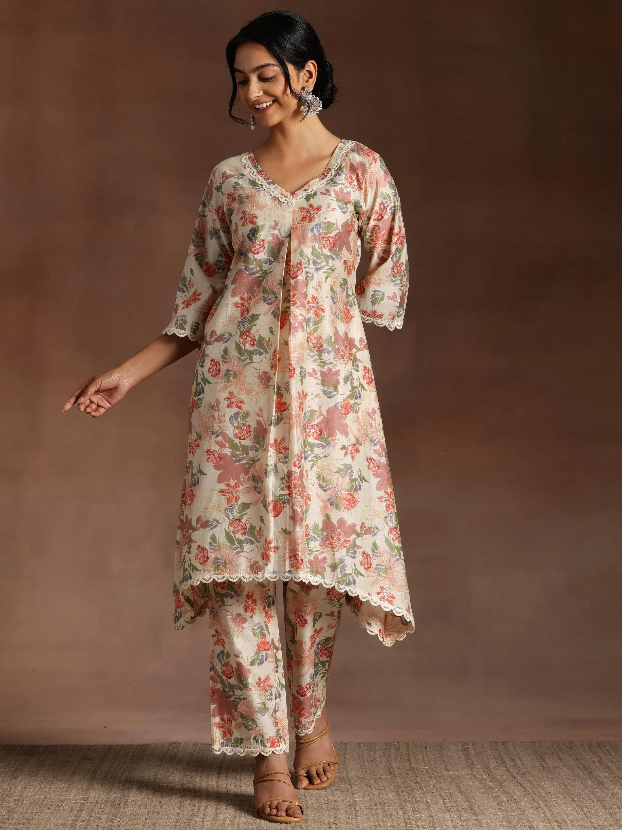 Khwaab Beige Printed Chanderi Silk A-Line Kurta With Trousers