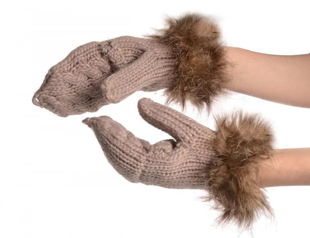 Knitted Beige Grey Fingerless Flip Gloves With Faux Fur