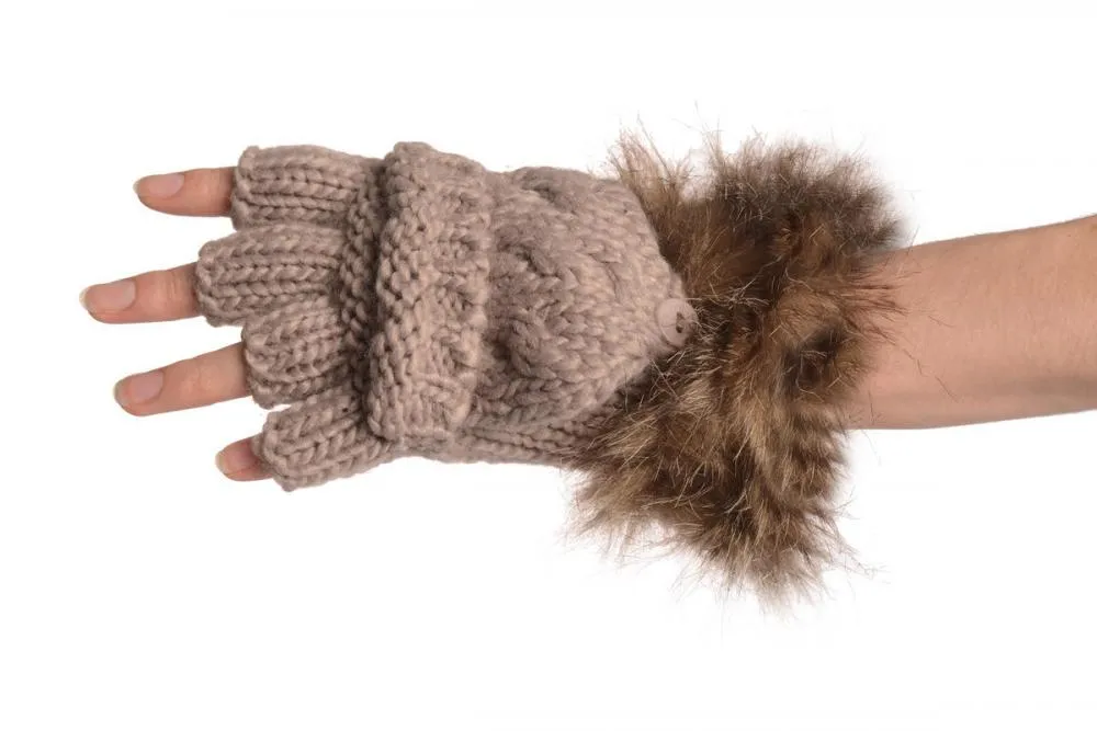 Knitted Beige Grey Fingerless Flip Gloves With Faux Fur