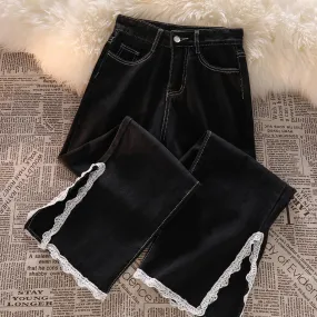 Lace split jeans anti-wrinkle high waist straight trousers sweet kawaii niche flared washed denim pants