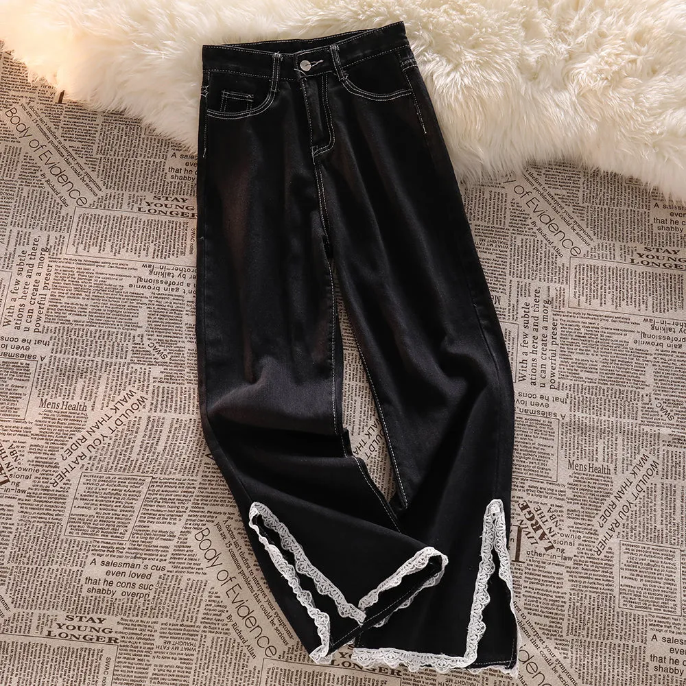 Lace split jeans anti-wrinkle high waist straight trousers sweet kawaii niche flared washed denim pants