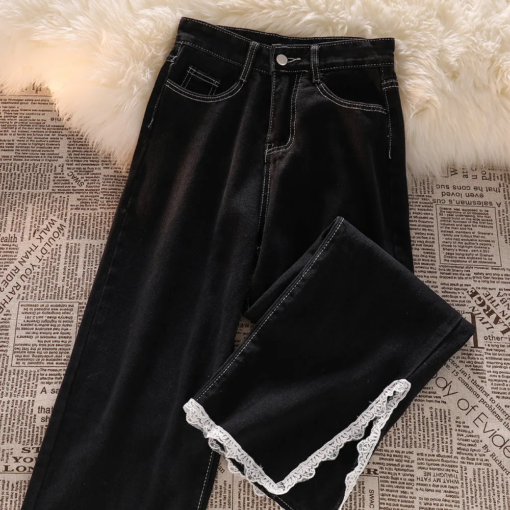 Lace split jeans anti-wrinkle high waist straight trousers sweet kawaii niche flared washed denim pants