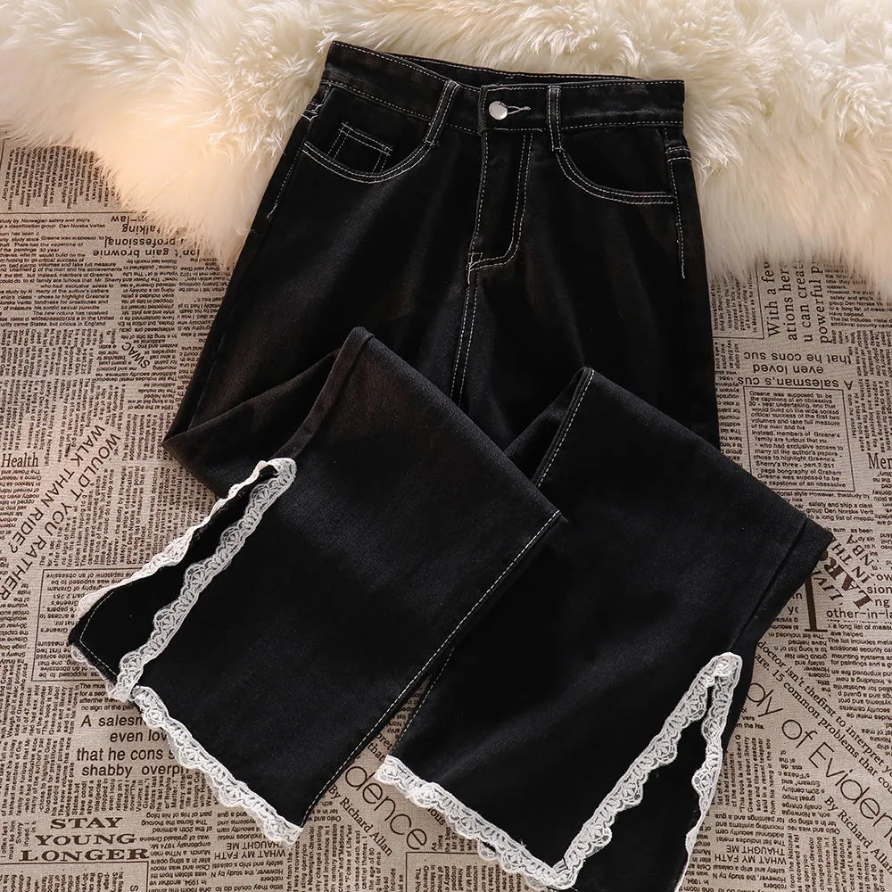 Lace split jeans anti-wrinkle high waist straight trousers sweet kawaii niche flared washed denim pants