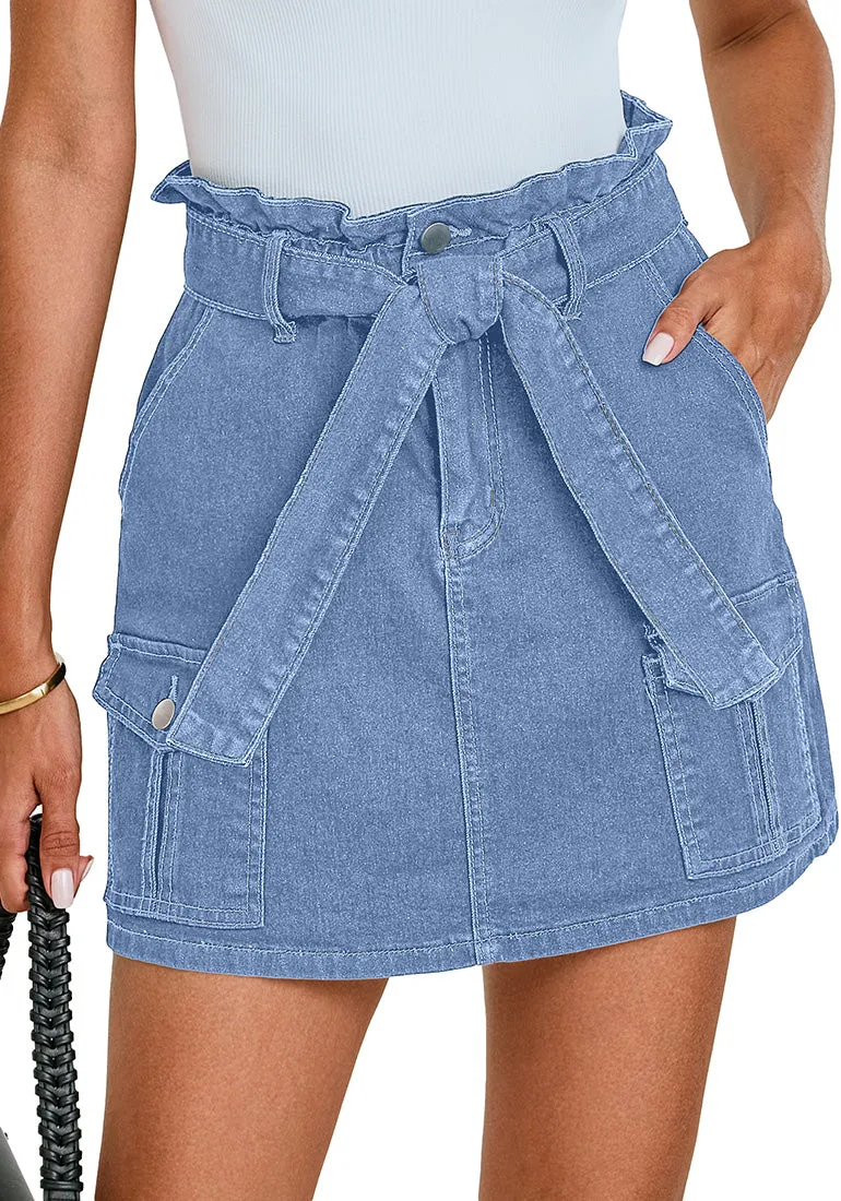 Lakeside Blue - Sand Wash Women's High Waisted Denim Jean Skorts With Pocket Elastic PaperBag Waist Skorts