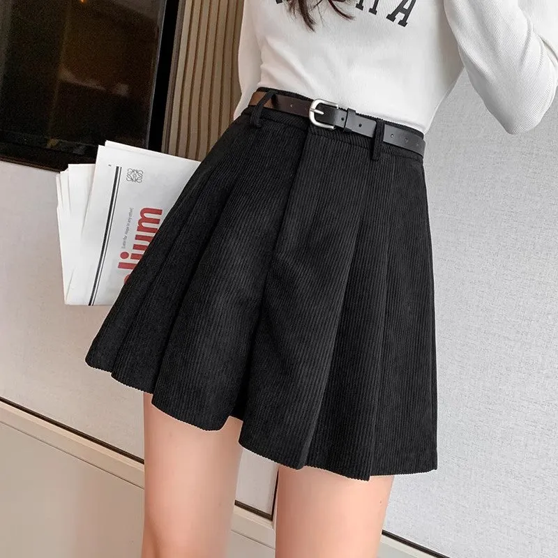 Lanfubeisi business casual outfits High Waist Corduroy A- line Skirt Women's Age-Reducing Pleated Skirt Retro Simple Corduroy Anti-Exposure Skirt Autumn