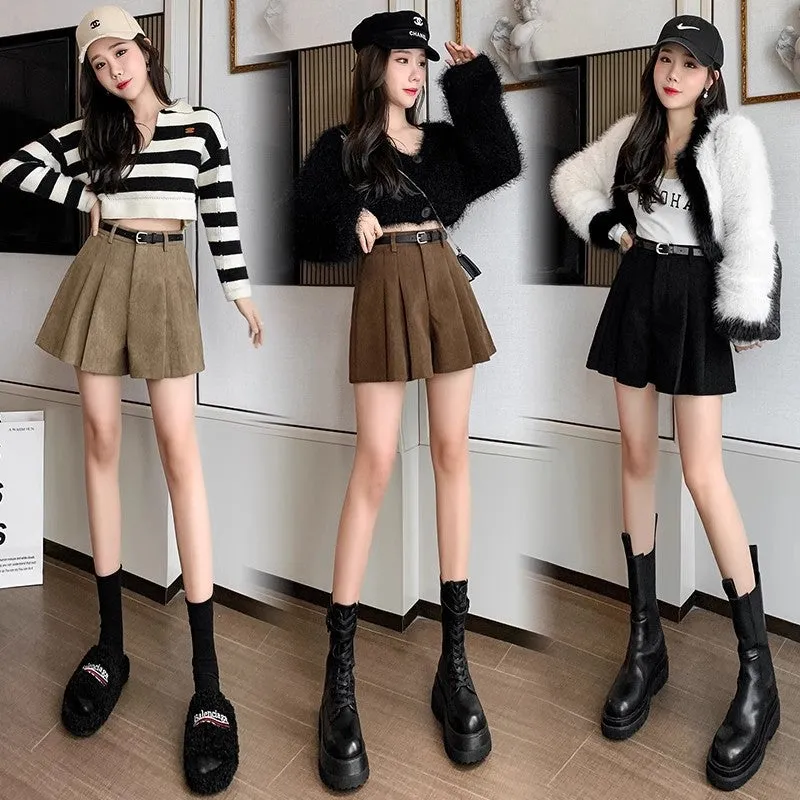 Lanfubeisi business casual outfits High Waist Corduroy A- line Skirt Women's Age-Reducing Pleated Skirt Retro Simple Corduroy Anti-Exposure Skirt Autumn