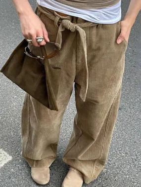 LANFUBEISI - Vintage Tie Corduroy Striped Straight Leg Pants