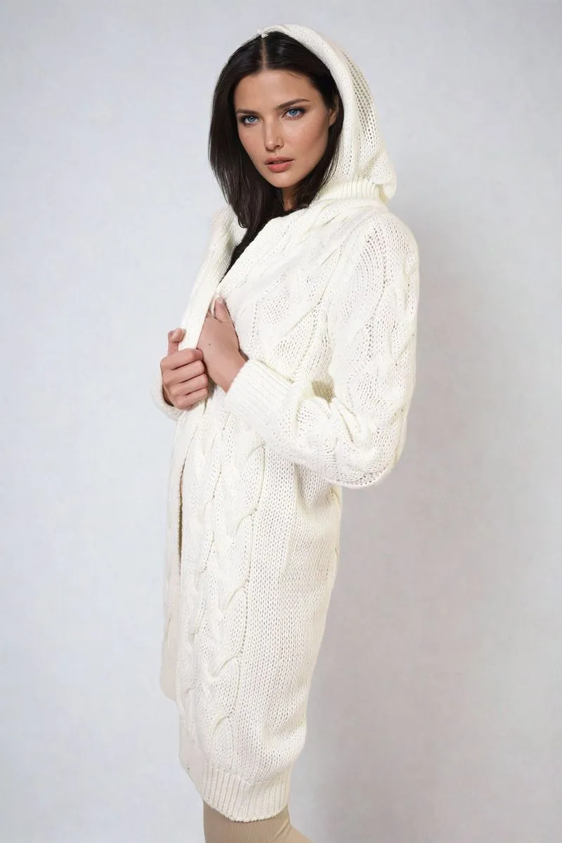 Lara Chunky Cable Knitted Oversized Longline Hooded Cardigan