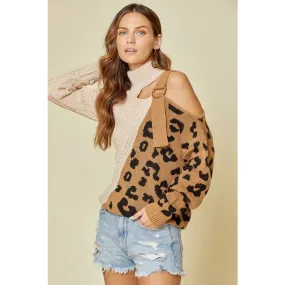 Leopard Cold Shoulder Strap Sweater