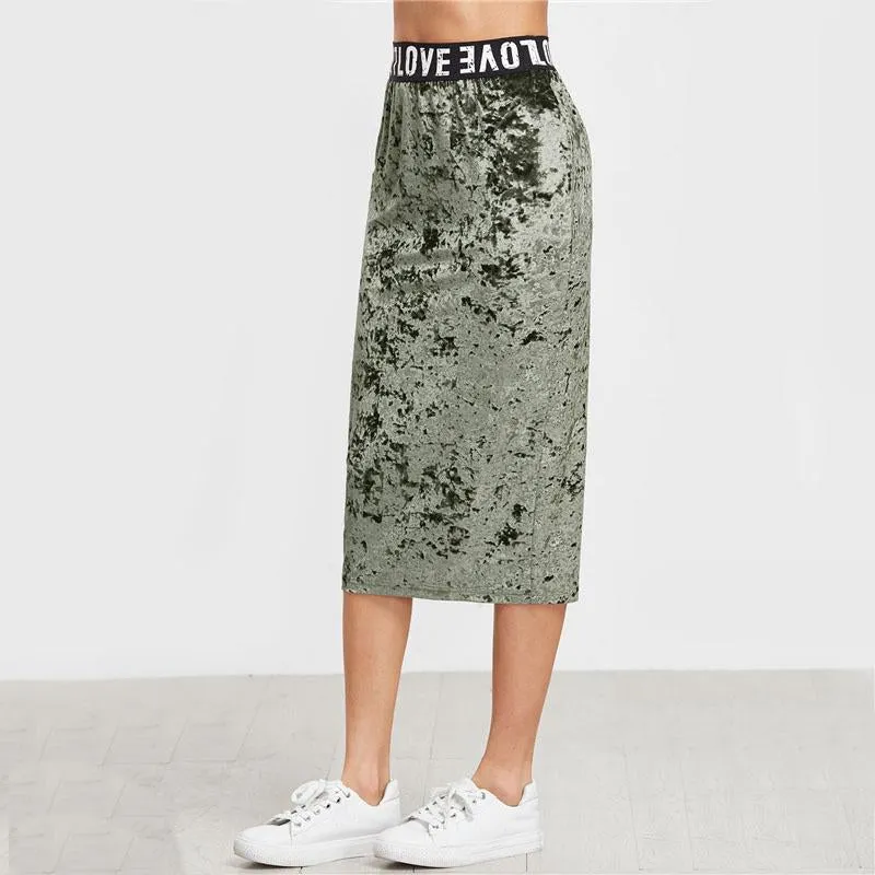 Letters Print Green Pencil Skirt