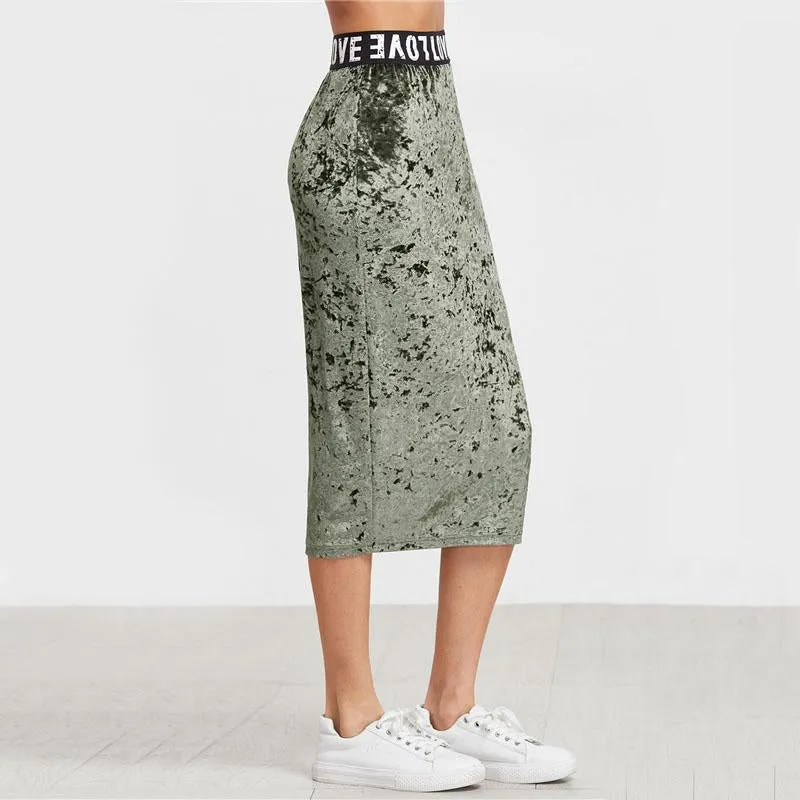 Letters Print Green Pencil Skirt