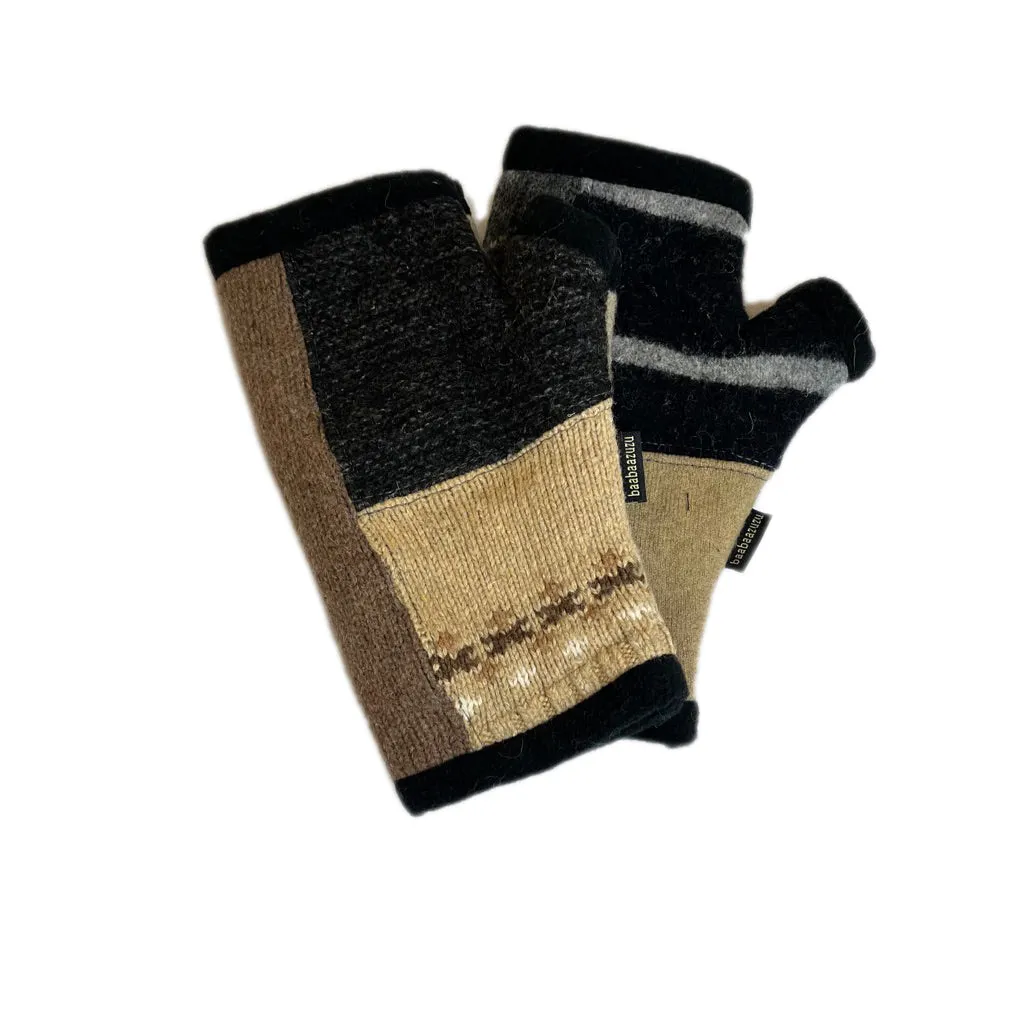 Lined Fingerless Gloves in Camel, Black & Grey