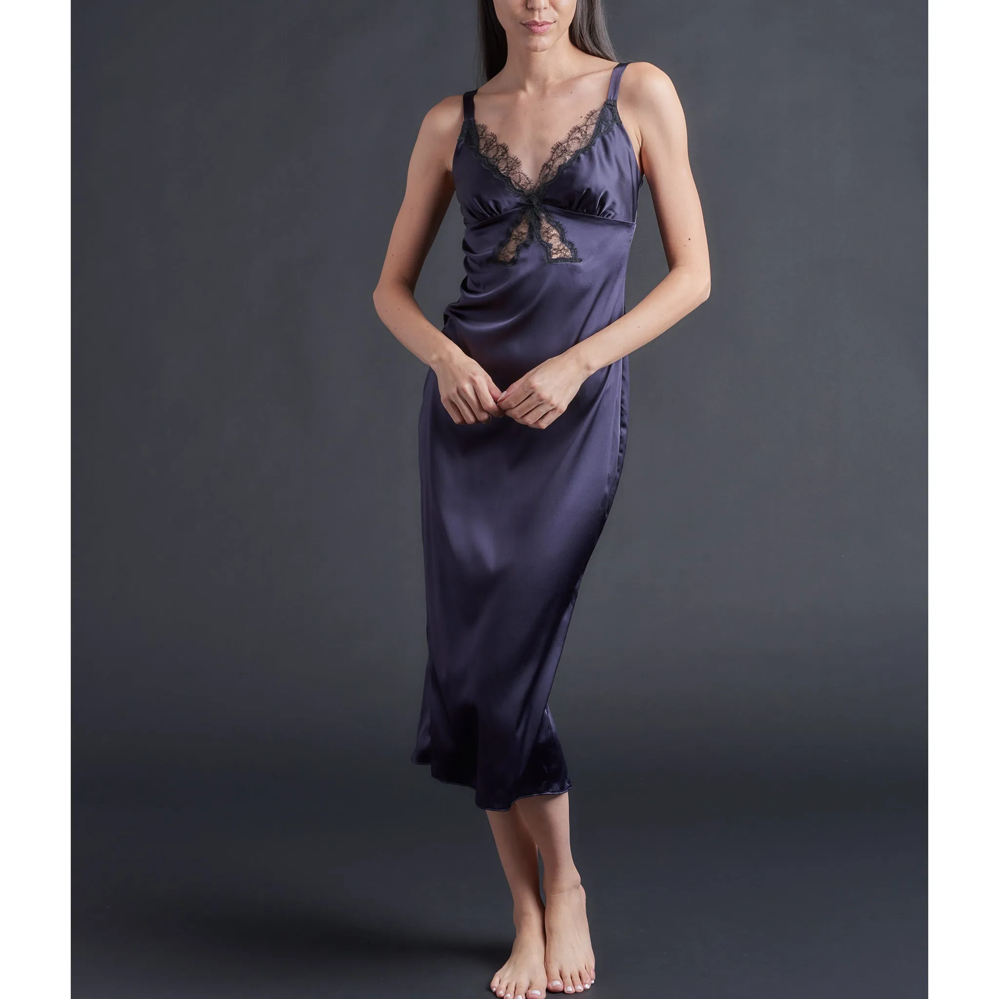 Long Laetitia Slip in Aubergine Stretch Silk Charmeuse