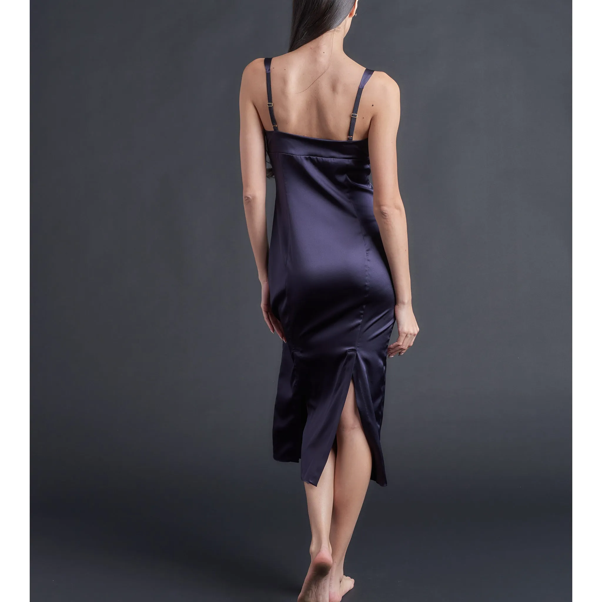 Long Laetitia Slip in Aubergine Stretch Silk Charmeuse