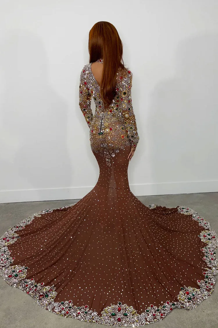 Luxury High Neck Long Sleeve Sheer Mesh Rhinestone Evening Maxi Dress - Brown