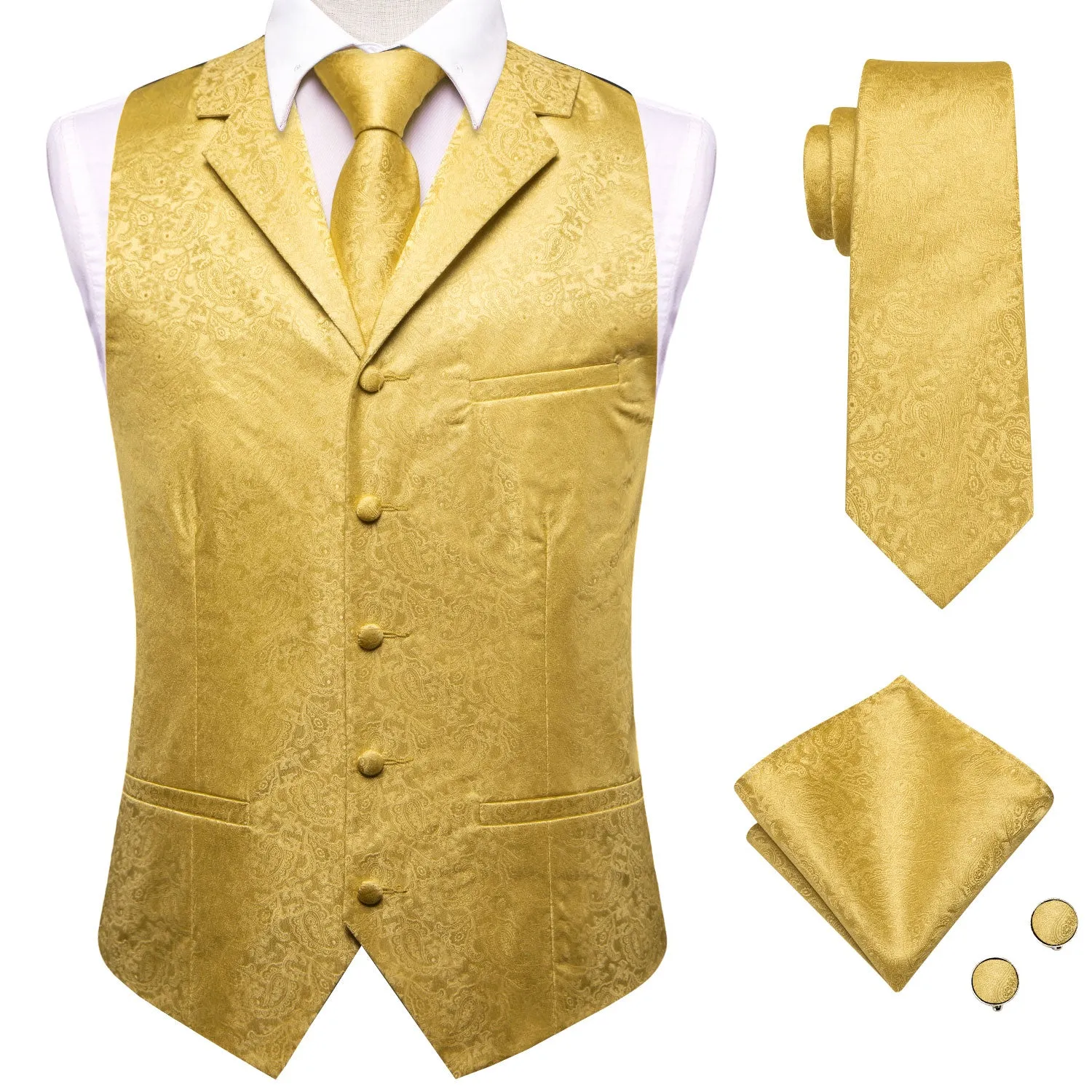 Luxury Yellow Floral Silk Men's Collar Vest Hanky Cufflinks Tie Set Waistcoat Suit Set