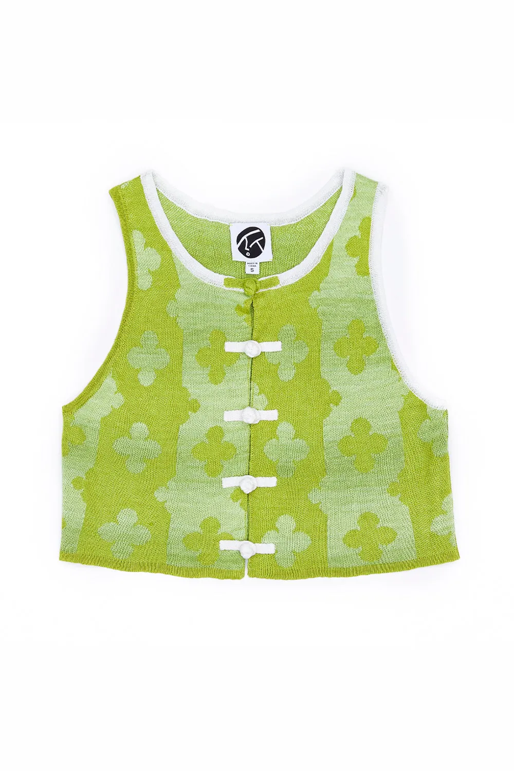 May Shrunken Crop Vest in Light Olive Linen Jacquard