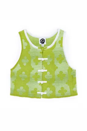 May Shrunken Crop Vest in Light Olive Linen Jacquard