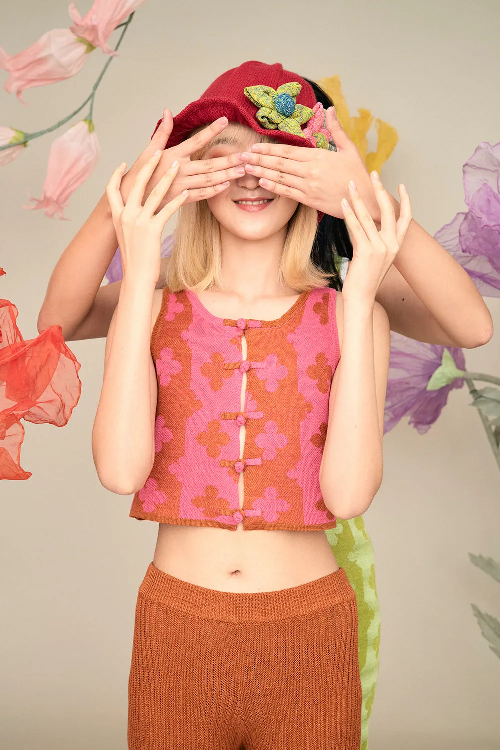 May Shrunken Crop Vest in Raspberry Linen Jacquard