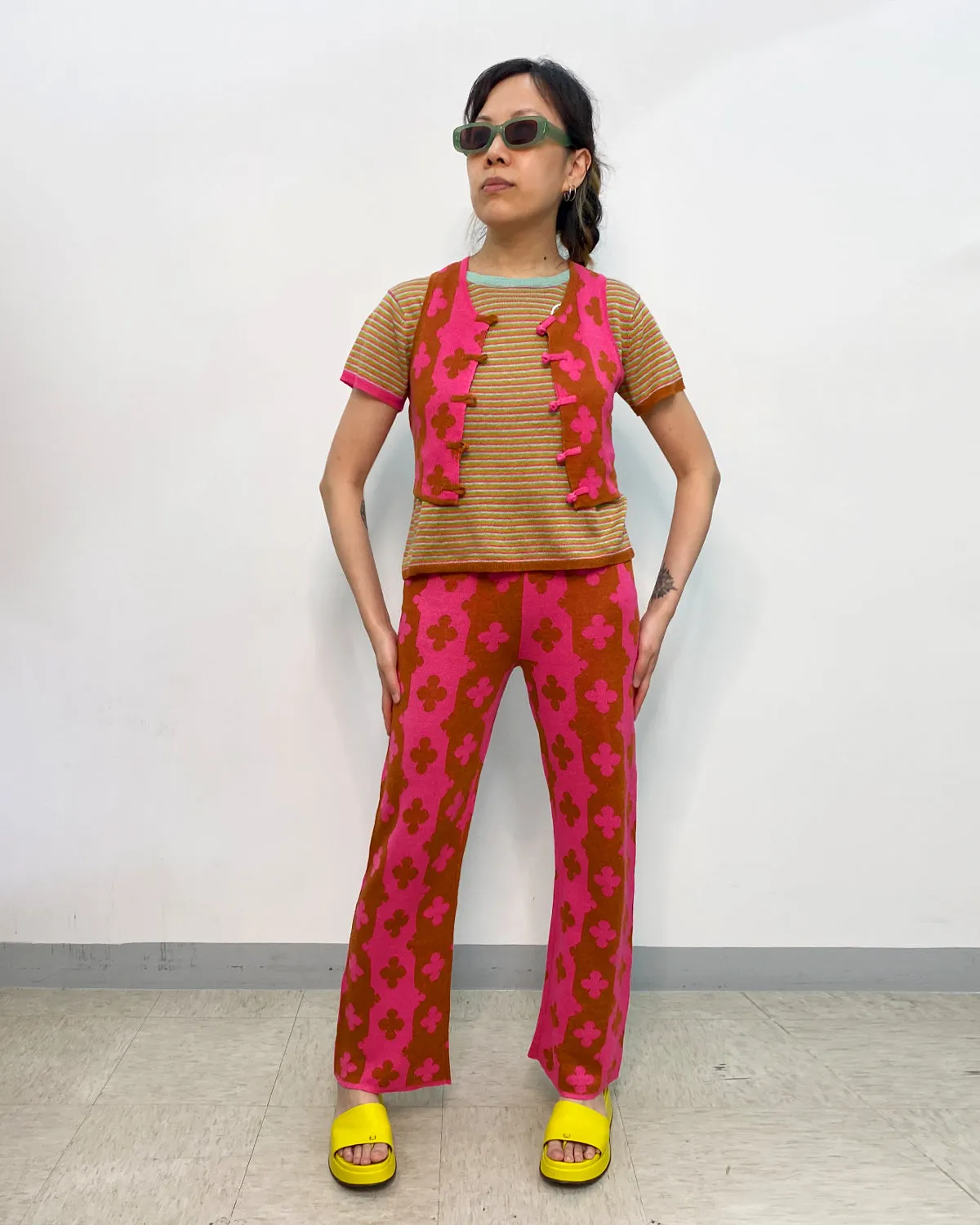 May Shrunken Crop Vest in Raspberry Linen Jacquard