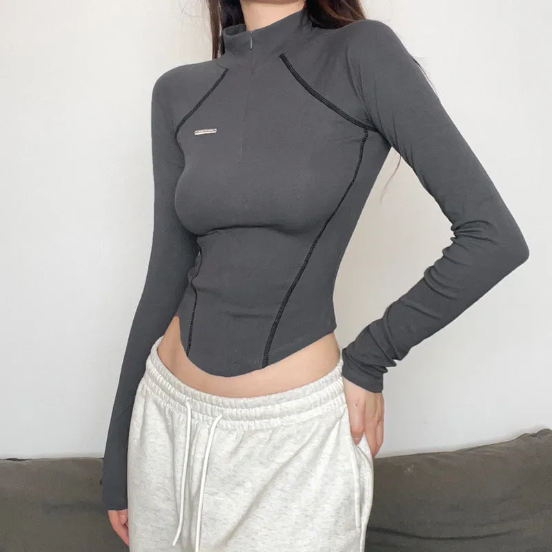 Mechanical Line Design Sexy Fitness Sports Waist Trimming Half Turtleneck Zipper Bottoming Long Sleeve