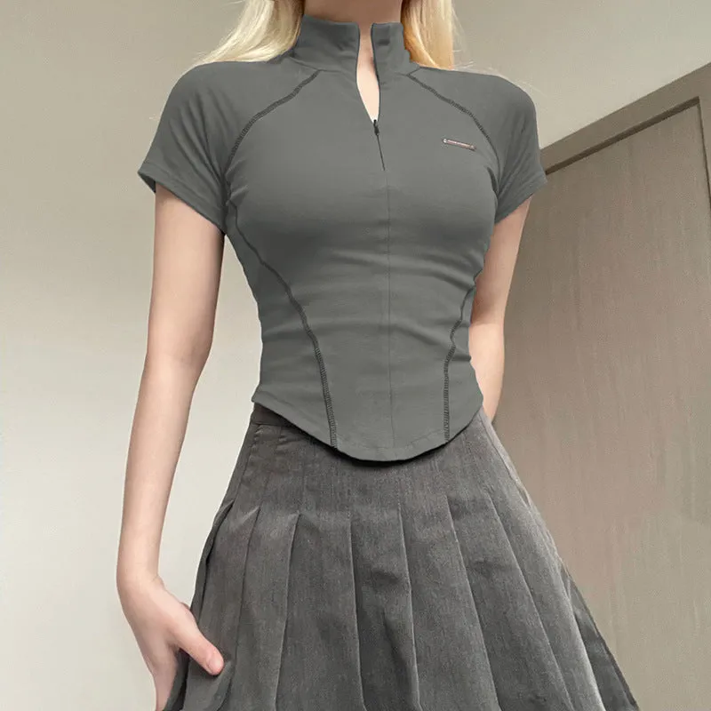 Mechanical Line Design Sexy Fitness Sports Waist Trimming Half Turtleneck Zipper Bottoming Long Sleeve