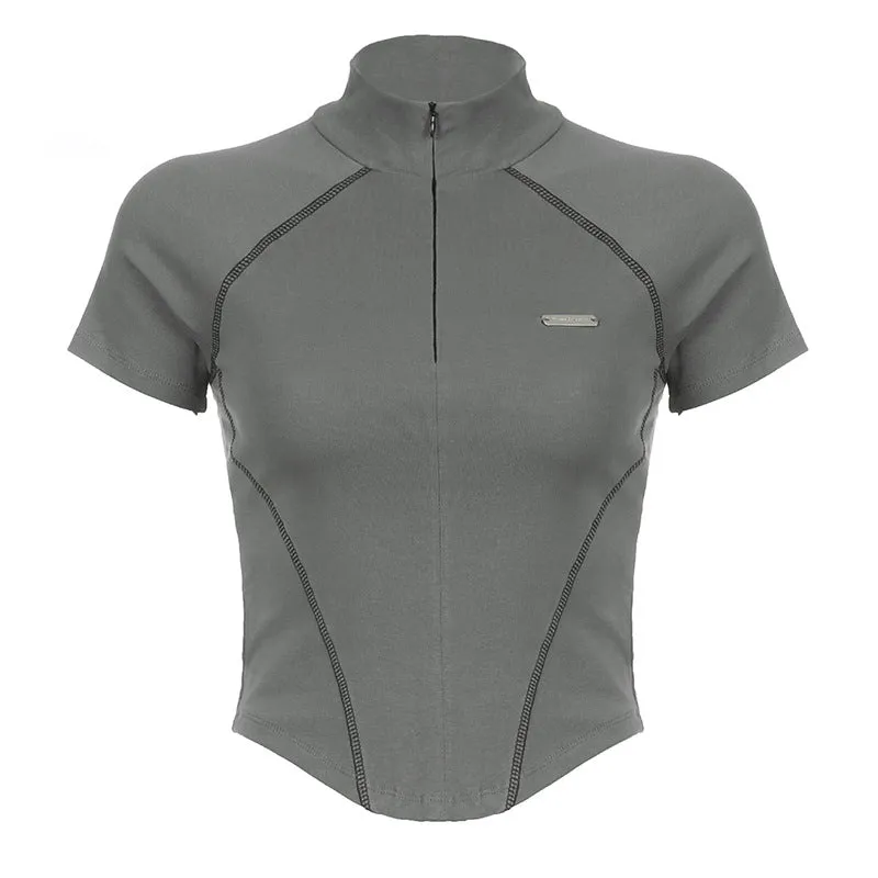 Mechanical Line Design Sexy Fitness Sports Waist Trimming Half Turtleneck Zipper Bottoming Long Sleeve