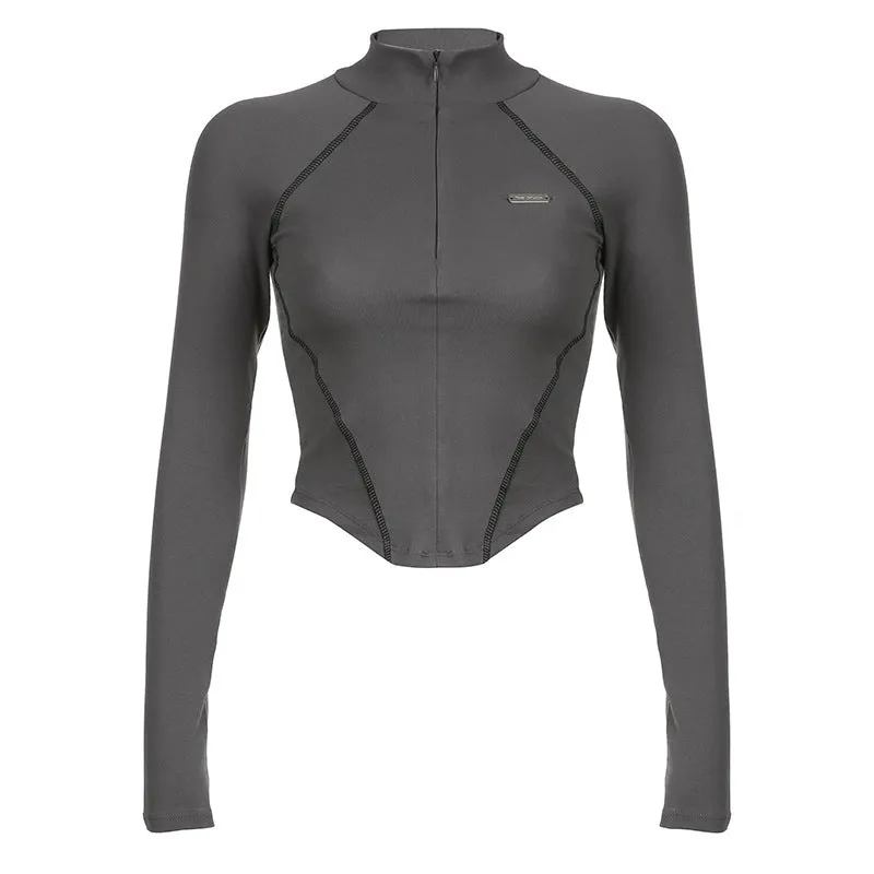 Mechanical Line Design Sexy Fitness Sports Waist Trimming Half Turtleneck Zipper Bottoming Long Sleeve