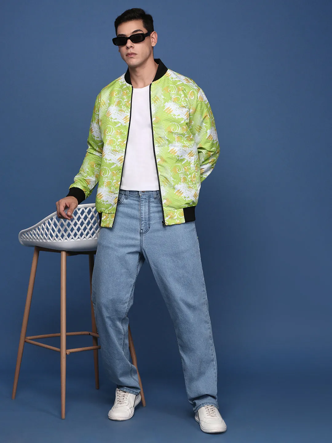 Men Printed Green Bomber Jacket