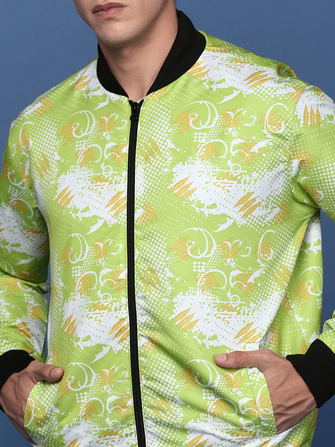 Men Printed Green Bomber Jacket