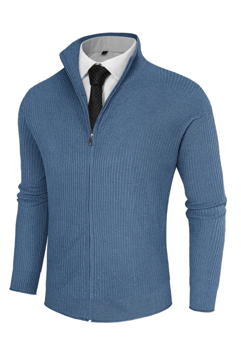 Men Zip-up Cardigan Long Sleeve Stand Collar Dropped Shoulder Sweater