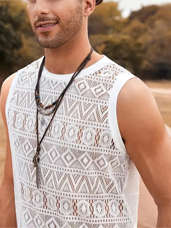 Men's Casual Hollow Sexy Vest Outdoor Holiday Beach Mesh Lace Breathable Vest