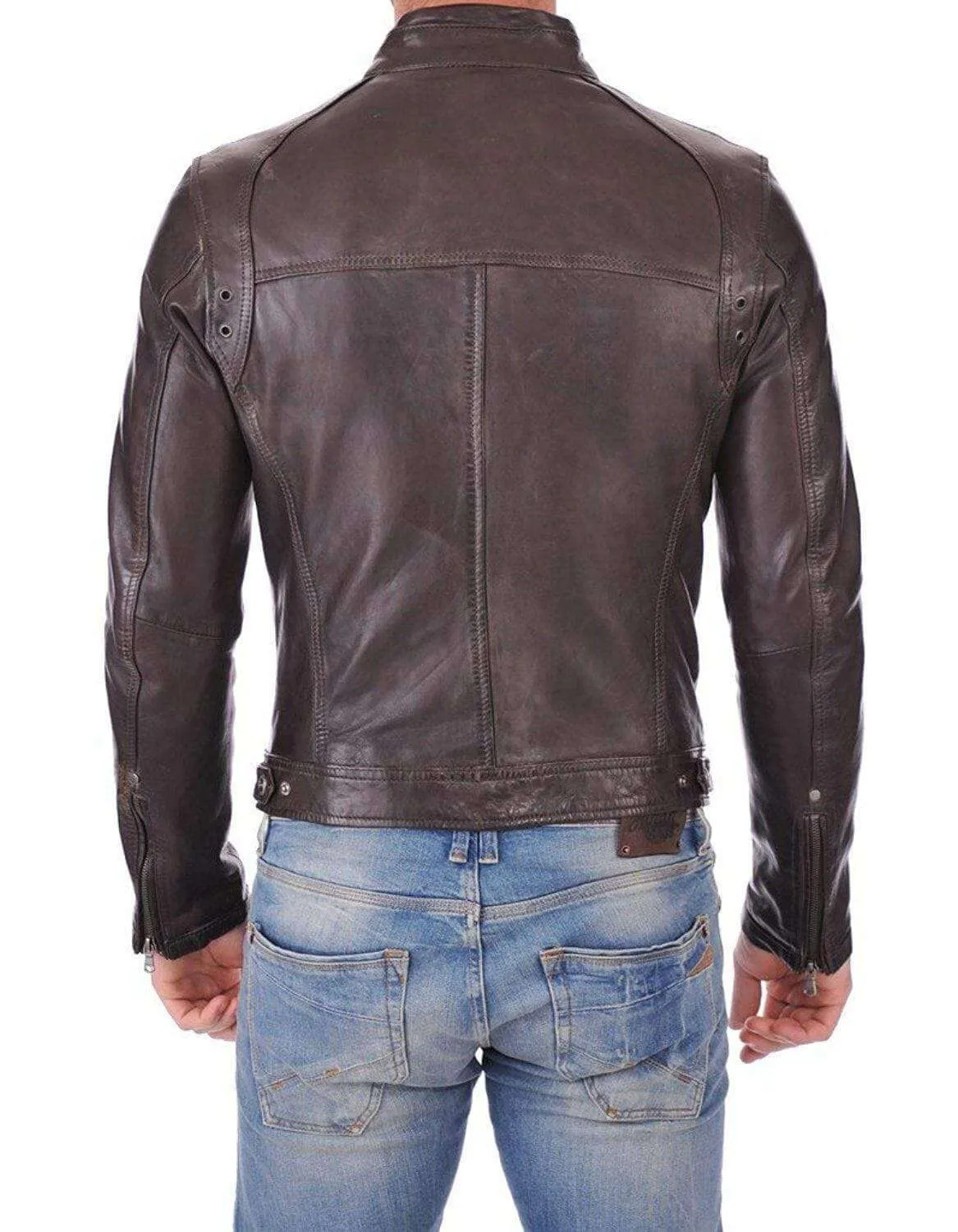 Men's Genuine Lambskin Leather Brown Bomber Slim Fit Biker Leather Jacket Coat