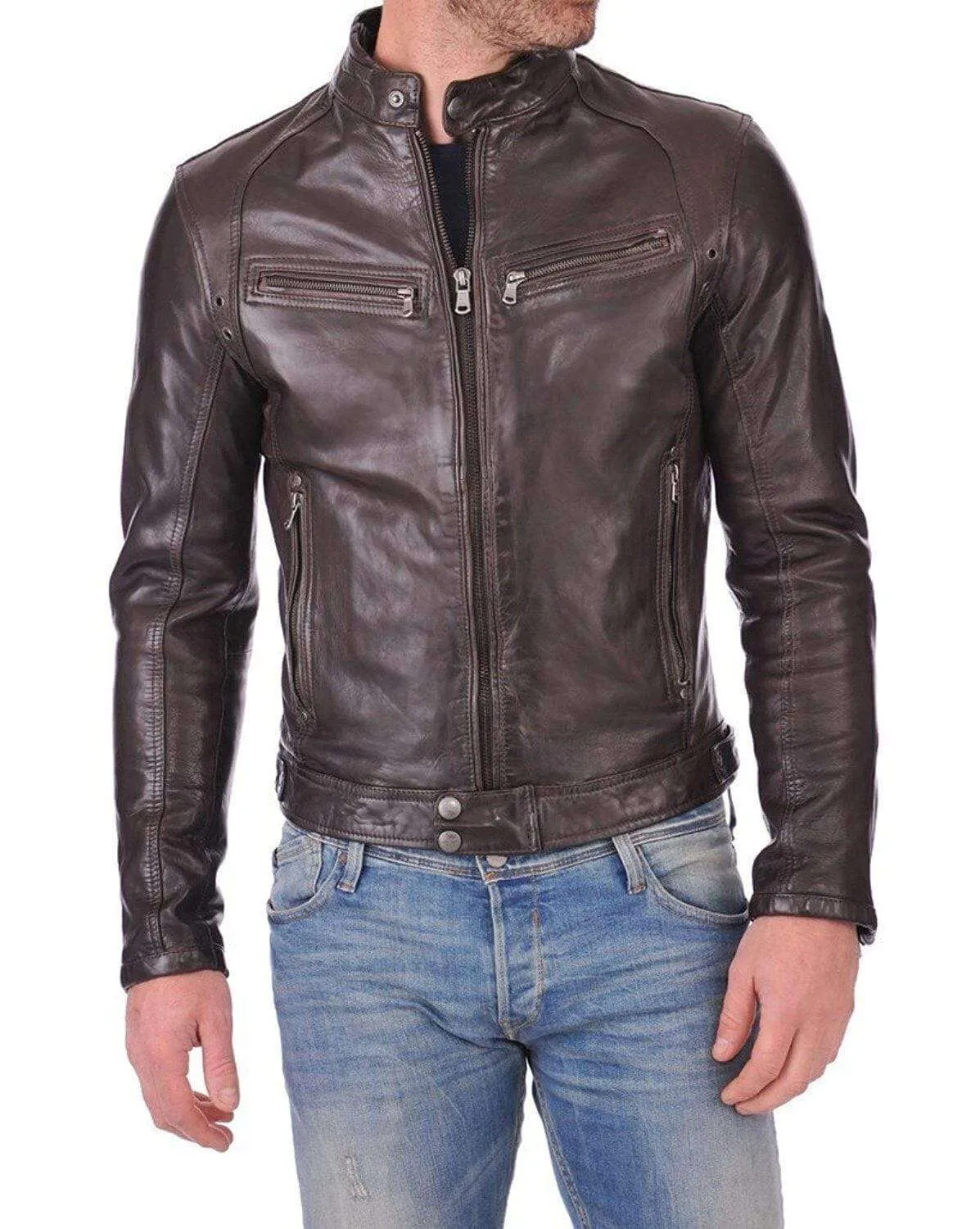 Men's Genuine Lambskin Leather Chocolate Brown Bomber Slim Fit Biker Leather Jacket