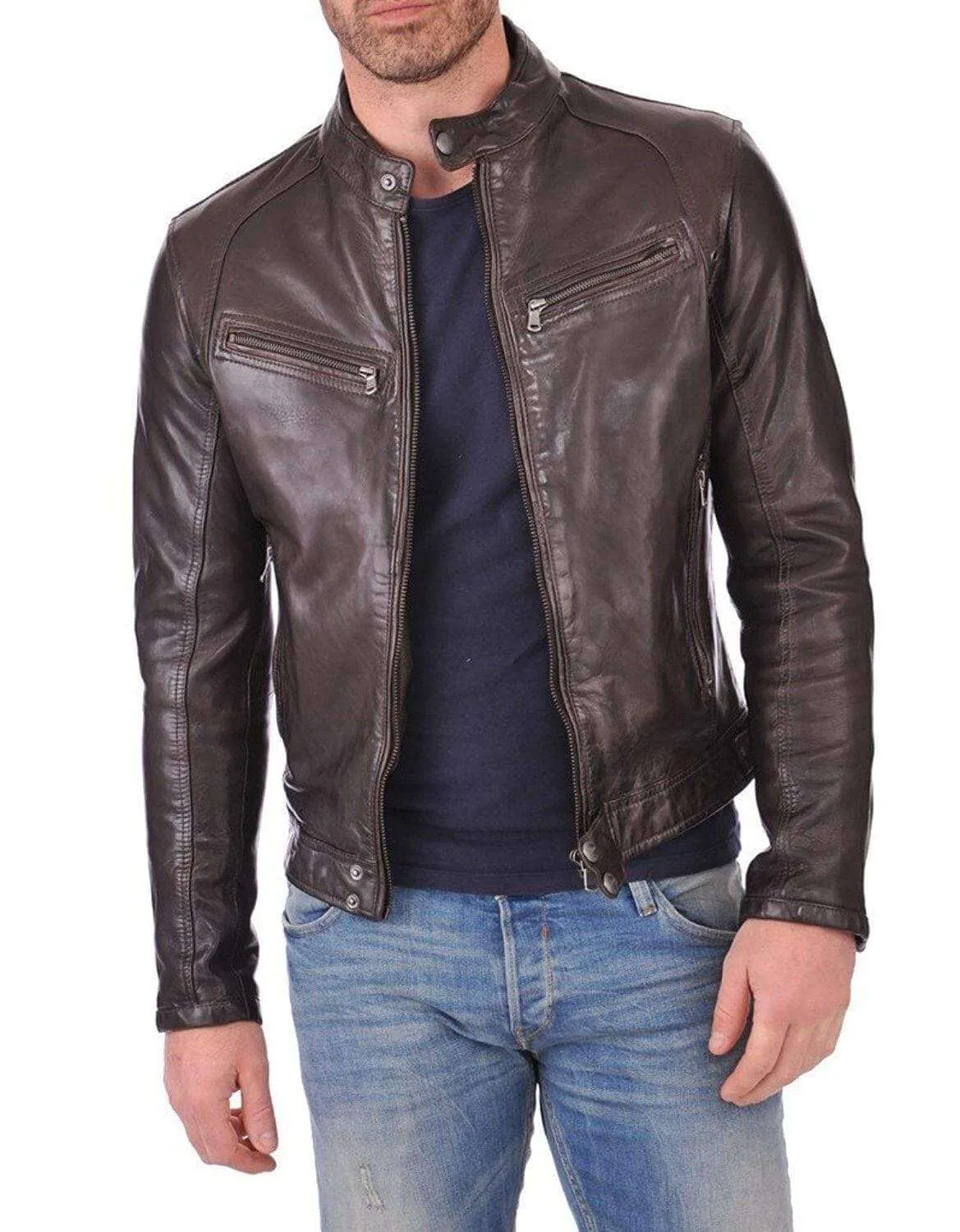 Men's Genuine Lambskin Leather Chocolate Brown Bomber Slim Fit Biker Leather Jacket