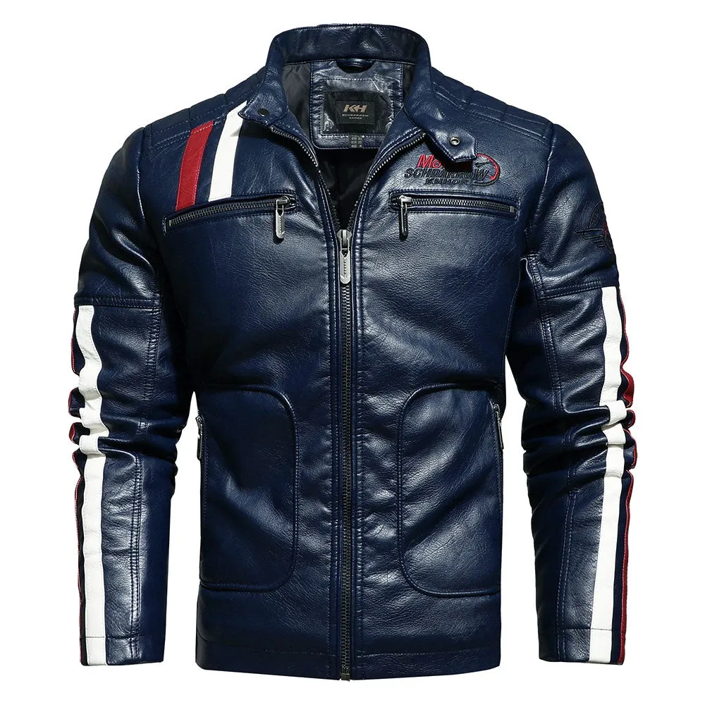 Men's Motorcycle Leather Jacket Autumn Casual Patchwork Vintage Overcoat Biker PU Embroidery Bomber Zipper Fleece Jackets Male