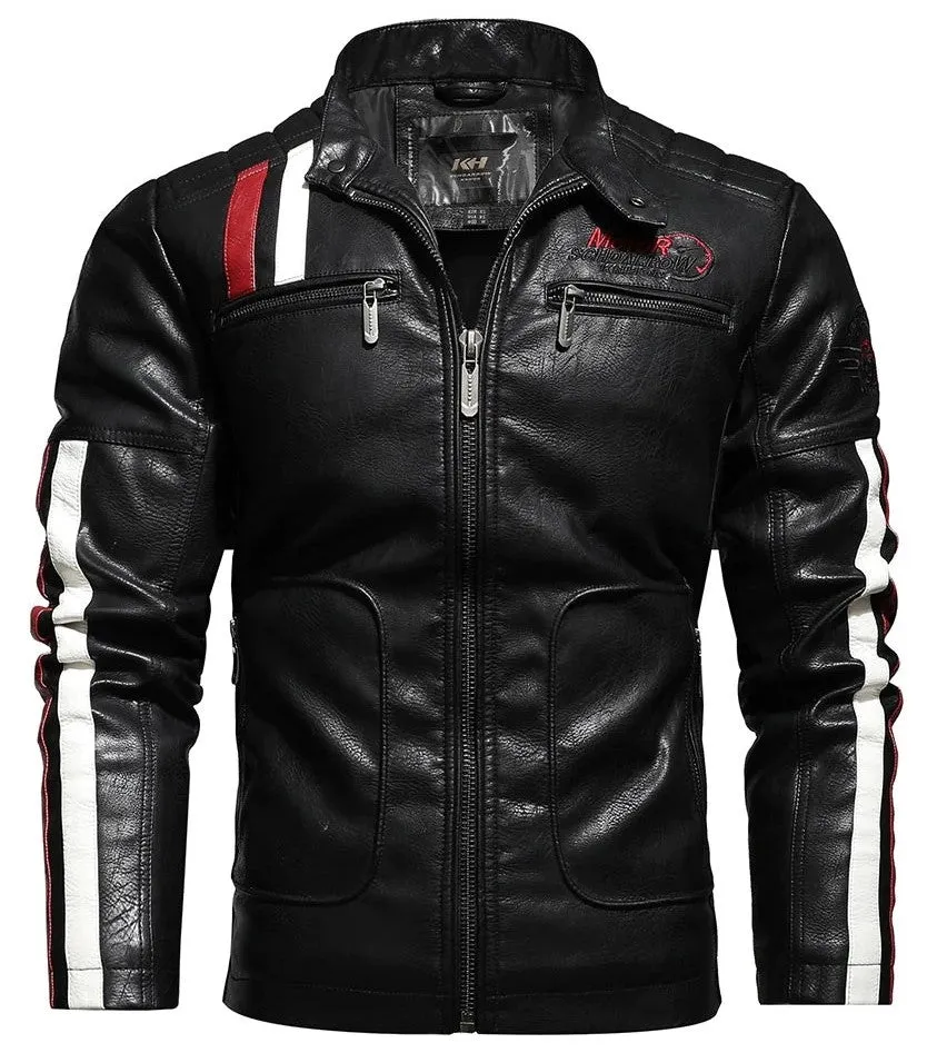 Men's Motorcycle Leather Jacket Autumn Casual Patchwork Vintage Overcoat Biker PU Embroidery Bomber Zipper Fleece Jackets Male