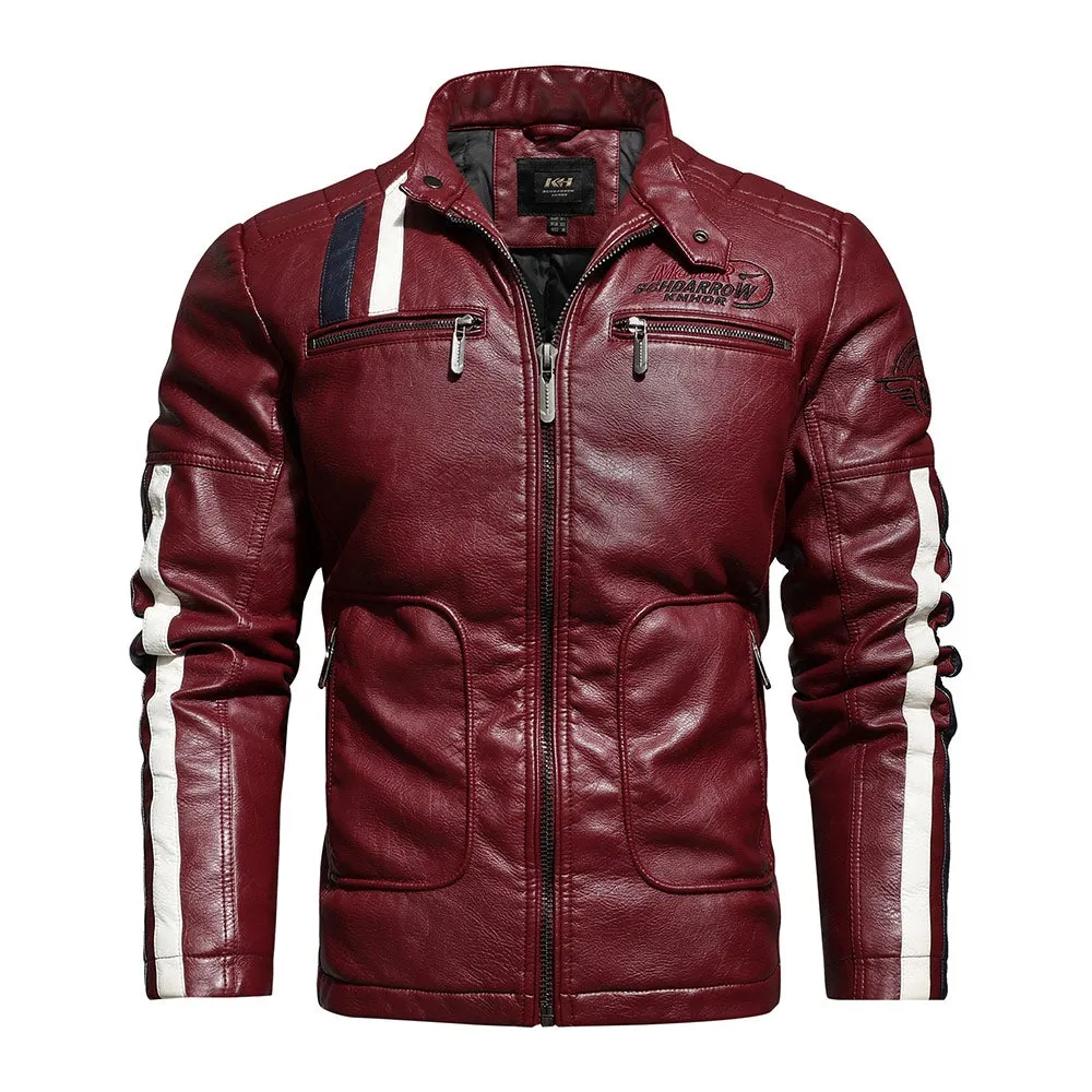 Men's Motorcycle Leather Jacket Autumn Casual Patchwork Vintage Overcoat Biker PU Embroidery Bomber Zipper Fleece Jackets Male