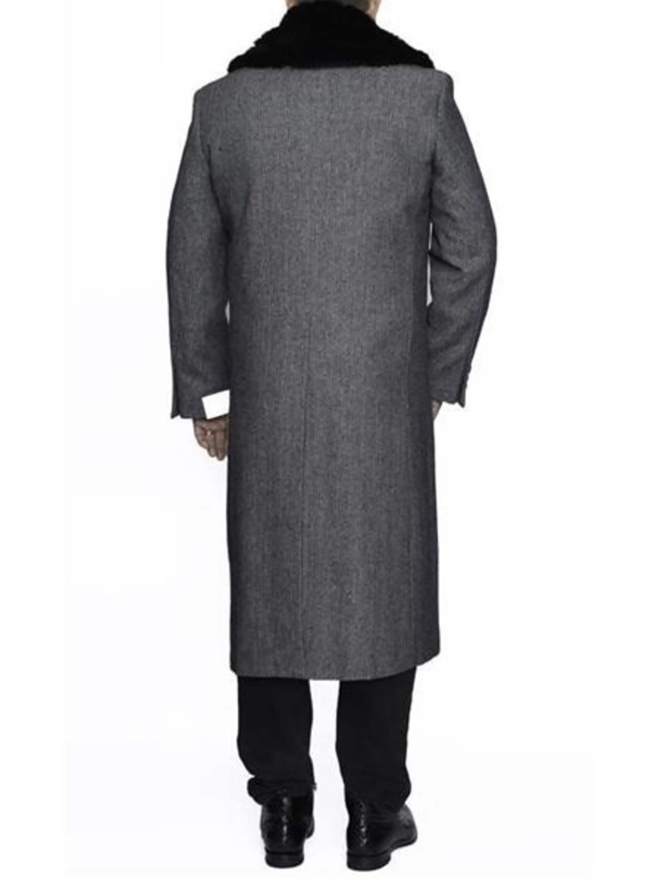 Mens Overcoat - Topcoat For Men - Winter Fabric - Removable Ankle length Fur Collar Full Length Gray Wool Herringbone ~ Overcoat 1920s 1940s men's Fashion Vintage Style - Mens Topcoat