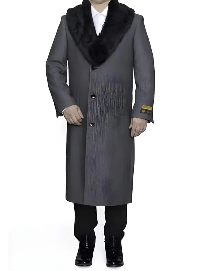 Mens Overcoat - Topcoat For Men - Winter Fabric - Removable Ankle length Fur Collar Full Length Gray Wool Herringbone ~ Overcoat 1920s 1940s men's Fashion Vintage Style - Mens Topcoat