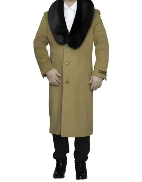 Mens Overcoat - Topcoat For Men - Winter Fabric - Removable Fur Collar Ankle length Wool Top Coat/Overcoat Camel | Winter men's Topcoat Sale