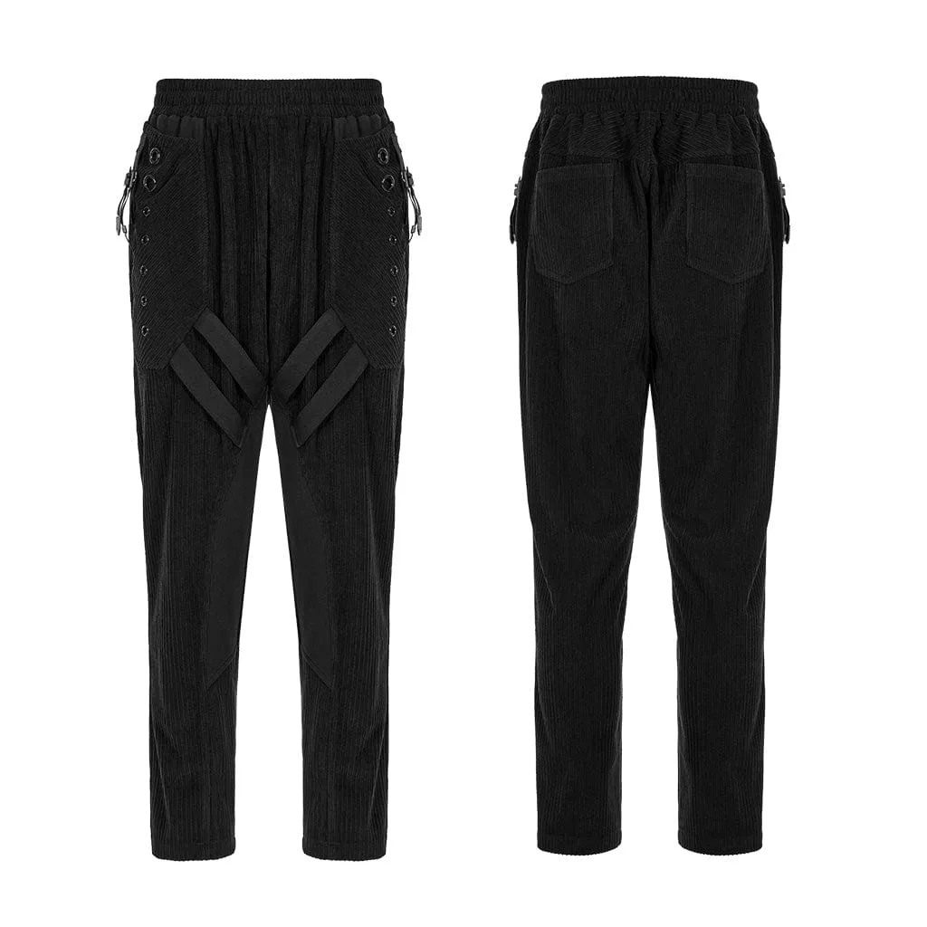 Men's Punk Buckles Splice Corduroy Black Pants